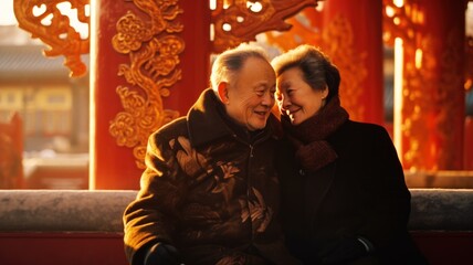 happy old asian couple against the backdrop of a Chinese palace during Chinese New Year - obrazy, fototapety, plakaty