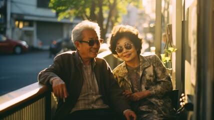 happy Japanese elderly couple on the street - obrazy, fototapety, plakaty
