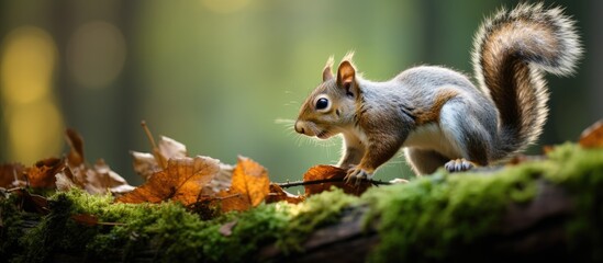 Naklejka na ściany i meble Gray squirrels Sciurus carolinensis in the forest often resort to clinging onto tree trunks in search of nourishment Although life poses challenges they can always locate sustenance by persi