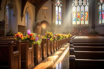 Interior of a church with a lot of flowers in the foreground.Funeral concept