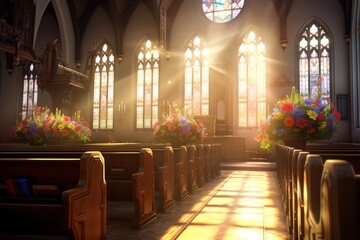 Fototapeta premium Interior of a church with a lot of flowers in the foreground.Funeral concept