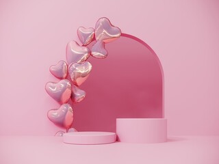 Premium podium, stand on pastel, light background. Holiday greeting card for Valentine's Day - 3d, render with copy space on February 14, March 8. Studio with pink hearts, symbol of love.