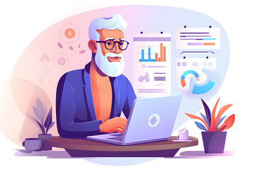 Fototapeta na wymiar illustration of Busy middle aged executive, mature male hr manager using laptop looking at pc in office at desk, thinking over financial data report feeing doubt about market assets
