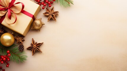 Fototapeta premium Golden Christmas gift box, fir branches, and festive decorations on light gold background, top view with copy space
