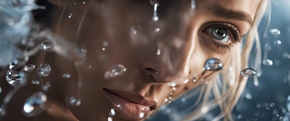 a water droplet falls, fluttering on a woman's face, in  realistic detailed rendering, shiny eyes