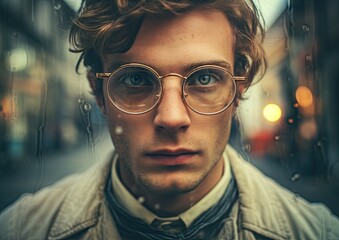 A self-portrait of an optician wearing a pair of trendy glasses, taken with a smartphone camera. - obrazy, fototapety, plakaty