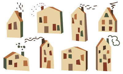 Fototapeta premium Set of geometric houses with contour graphic smoke on a white background. The collection can be used to make stickers, single items and any jewelry. Geometric houses with lines on a white background
