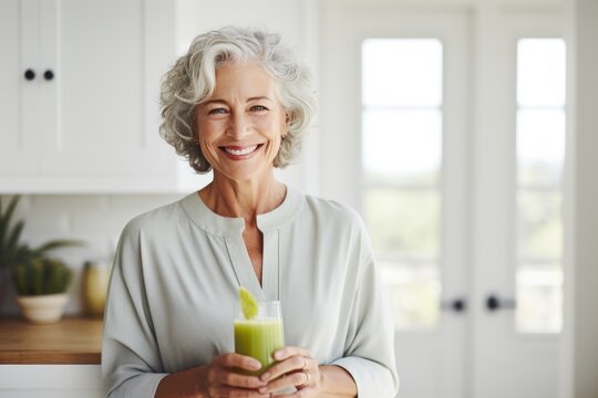 Healthy Senior Mature Woman Smiling While Holding Some Green Juice.