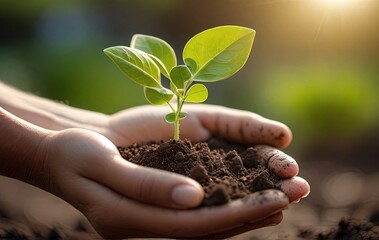 Close-up of female hands holding young plant in soil. Earth day concept