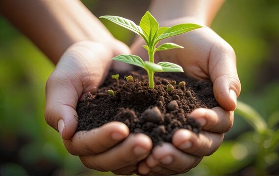 Close-up of female hands holding young plant in soil. Earth day concept