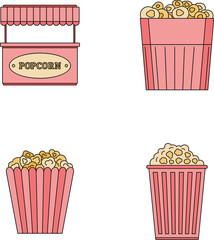 Popcorn cinema box striped icons set. Outline illustration of 4 popcorn cinema box striped vector icons thin line color flat on white