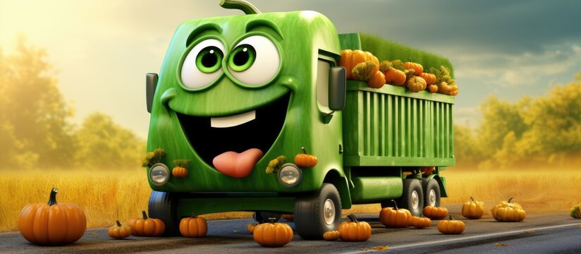 A truck drives on a bed made of pumpkins with pumpkin seeds inside Engaging recreational pursuits Altering pictures A cheerful mascot resembling a cartoon green pea pod
