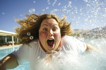 Obese woman exiting pool, hair blowing in wind.