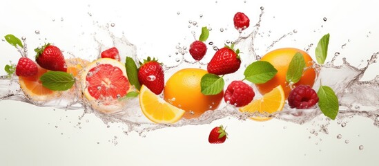 Fresh and flavorful orange strawberry and peach fruits along with refreshing mint leaves are vibrant and bursting with splashes and fruit fragments Set against a white background it s perfe