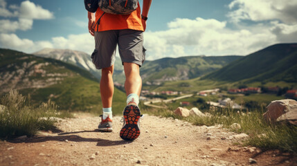 Hiking boot. Legs on mountain trail during trekking in forest. Leather ankle shoes