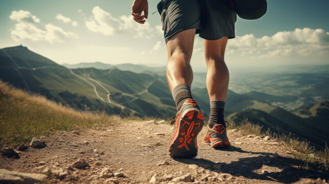 Hiking boot. Legs on mountain trail during trekking in forest. Leather ankle shoes