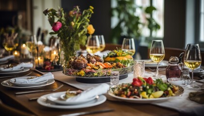 Photo of a Beautifully Arranged Table with Delicious Food and Glasses of Wine
