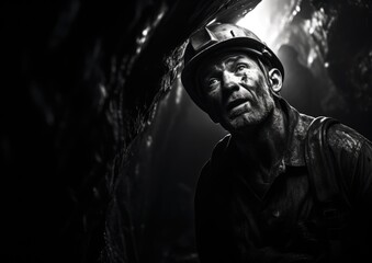 A black and white image of a miner deep underground, with only a single beam of light illuminating