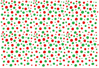 Red and green dots of different sizes are randomly arranged on a white background. Abstraction. Wrapping, gift paper. Traditional Christmas colors. Wallpaper. Circles and dots are uneven. Free hand.