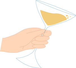Hand with a glass of white wine. Celebration concept. Illustrations for the design of the holiday, party, menu, presentation, postcard.
