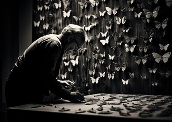A black and white image of an entomologist meticulously arranging a collection of pinned - obrazy, fototapety, plakaty
