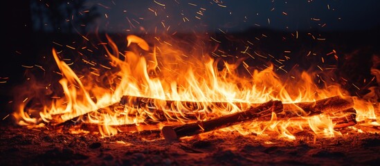 Flashes emitted by a fire at night within darkness during a bonfire enjoyed by tourists