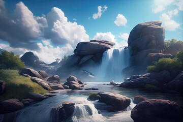 Fototapeta premium Beautiful waterfall. Generative ai art. Landscape with river and white clouds.