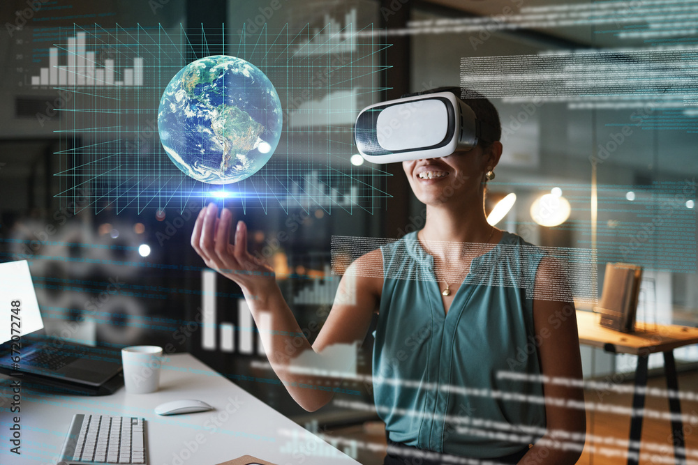 Poster vr, metaverse and business woman with earth in office at night exploring a cyber world. future, virt