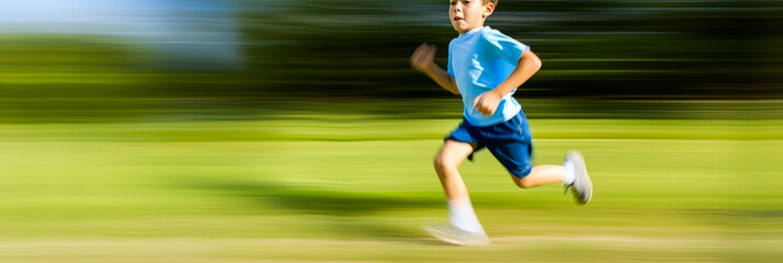 Little boy running fast with motion blur effect.