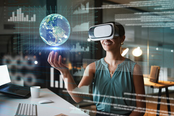 Vr, metaverse and business woman with earth in office at night exploring a cyber world. Future,...