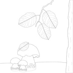 Childrens coloring book, leaves on a branch, tree, mushrooms in the grass, fall