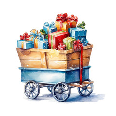 Watercolor christmas wagon with gifts Sublimation. AI generated. - obrazy, fototapety, plakaty