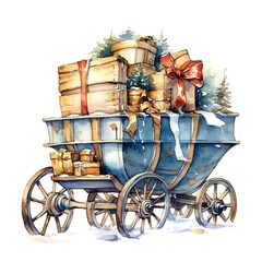 Watercolor christmas wagon with gifts Sublimation. AI generated.