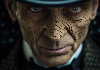A close-up shot of a magician's face, captured in extreme detail, with every wrinkle and expression