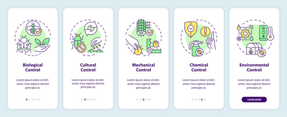 2D icons representing integrated pest management mobile app screen set. Walkthrough 5 steps colorful graphic instructions with thin line icons concept, UI, UX, GUI template.