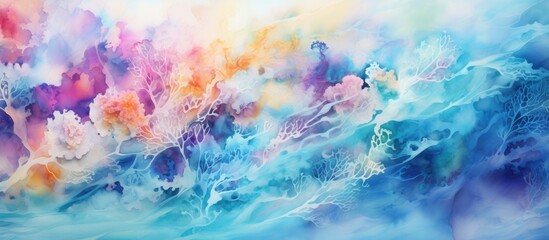 Fototapeta na wymiar Handmade watercolor abstract background with bright and colorful textural elements depicting an underwater world This modern painting showcases a sea pattern