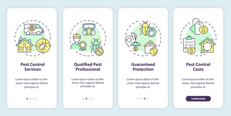 2D icons representing integrated pest management mobile app screen set. Walkthrough 4 steps multicolor graphic instructions with thin line icons concept, UI, UX, GUI template. - obrazy, fototapety, plakaty