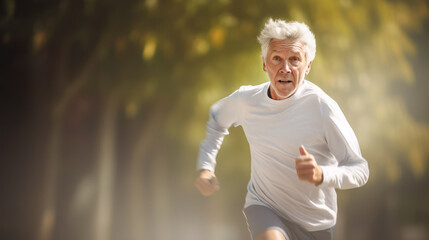 Elderly man running fast with motion blur effect.