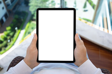 male hands hold computer tablet with isolated screen in office
