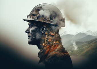 A double exposure image of a miner and a beautiful landscape, merging the harsh reality of the job