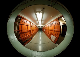 A fish-eye lens shot of a jailer's reflection in a prison cell window, distorting the image and