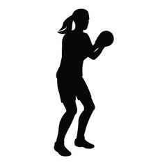 Fototapeta na wymiar Black silhouette of a women's handball girl player with a ball in her hands standing in a half-turn to throw at the goal