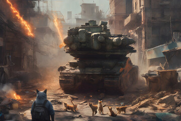 Kitten and Cat Warrior in Front of the Tank. Generative AI.