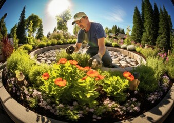 A fish-eye view of a landscaper planting flowers in a circular garden bed. The image is processed - obrazy, fototapety, plakaty
