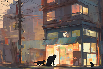 Cats gathered in front of the restaurant at dinner time. Generative AI.