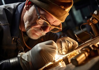 A hyperrealistic image of a jeweler using a laser welder to repair a broken gold bracelet. The