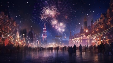 Design an image of a New Year's night city square celebration, with AI-generated people gathered...