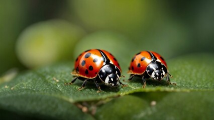Fototapeta premium Close-up high-resolution image of two cute ladybugs. Generative AI.