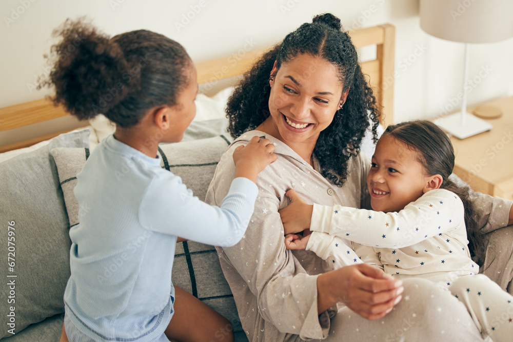 Poster Mother, home and children playing or happy with parent together in the morning laughing in a bedroom on a bed. Funny, bonding and mom enjoy quality time with kids or girls with happiness and love