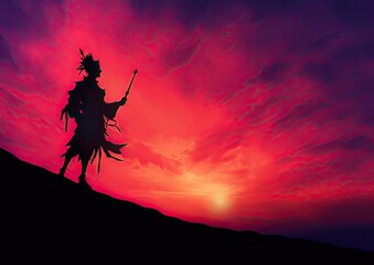 Fototapeta premium A minimalist composition of a jester's silhouette against a colorful sunset sky. The lighting is